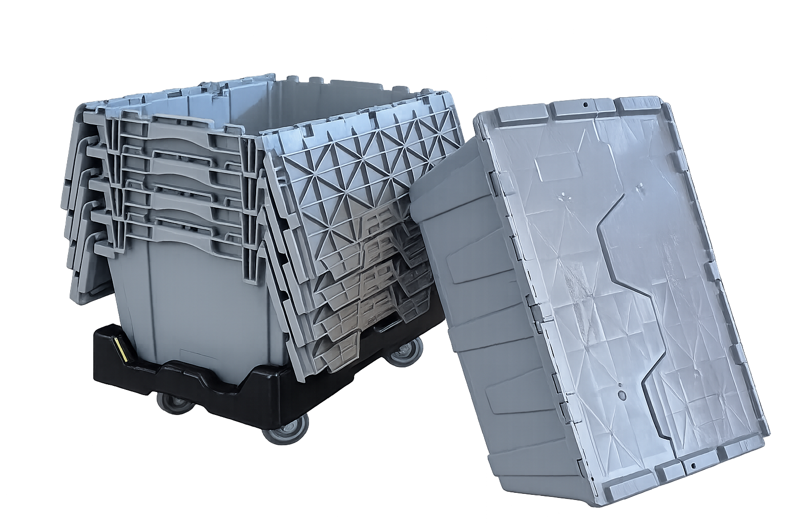 Boca Totes plastic moving totes stacked on a rolling dolly