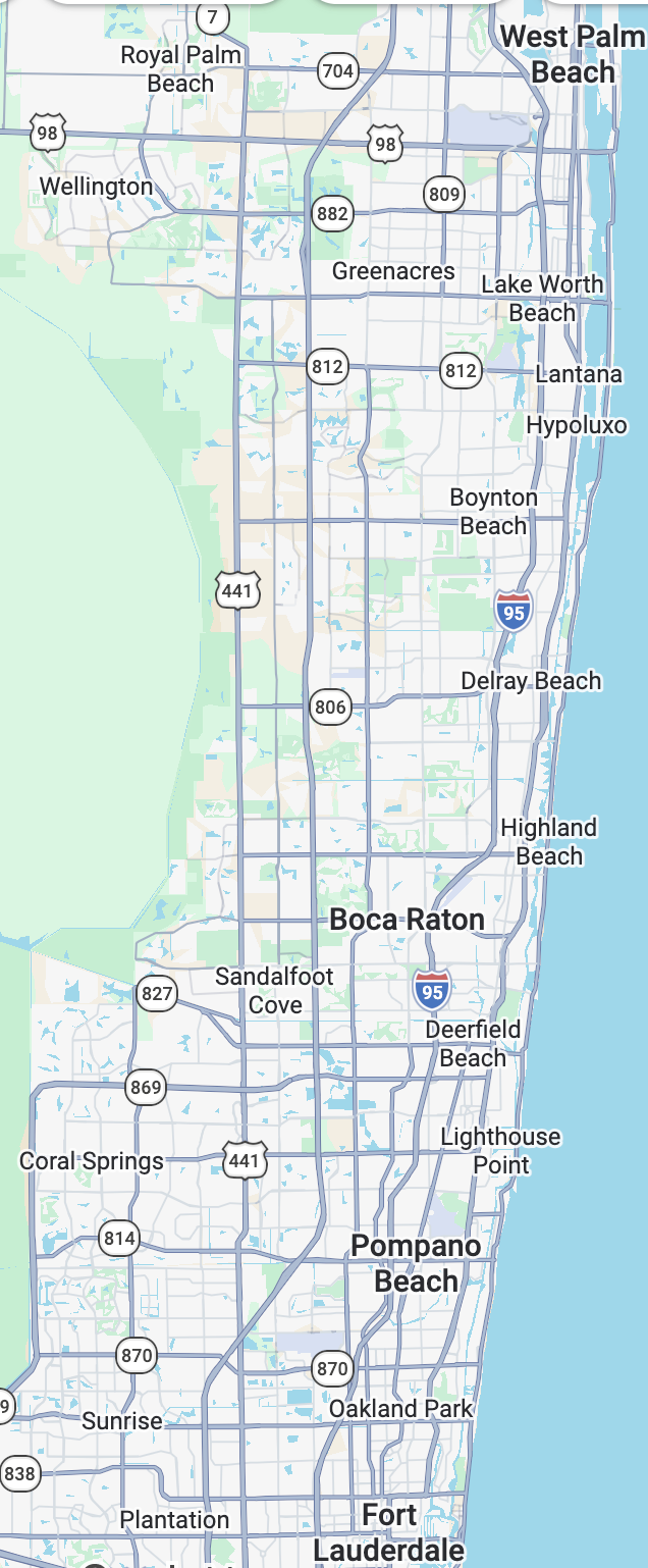 Boca Totes service area map covering Palm Beach and Broward Counties